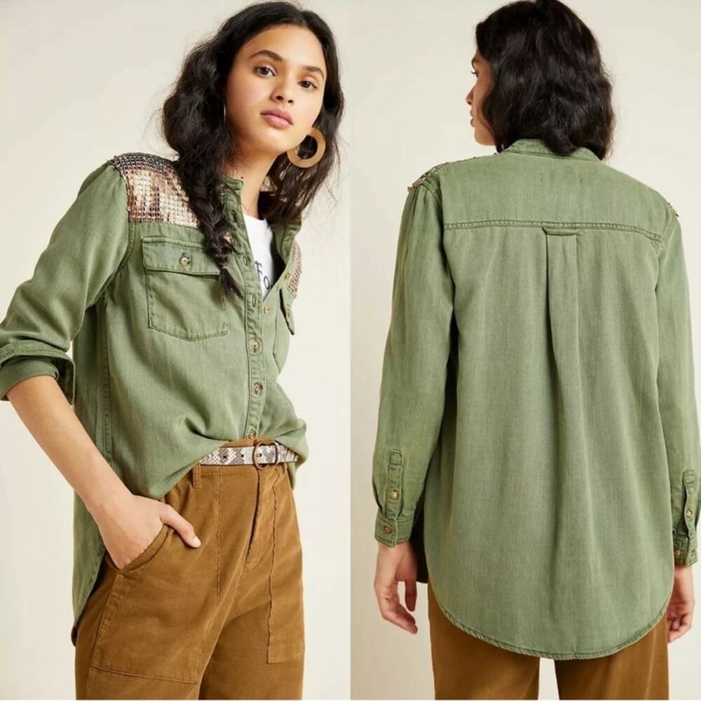 Anthropologie Women's Sequin Cargo Button Down Long Sleeve Shirts Green Size 4